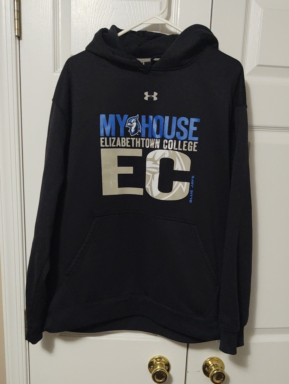 Under Armour Black Hoodie with Blue and Cream Elizabethtown College EC Graphic
